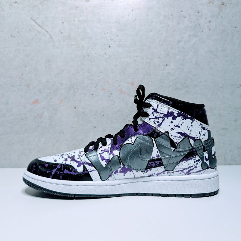 Custom Painted Air Jordan Mid "Love It / F*¢k It" Graffiti Sneakers | Hand-Painted Splatter Art