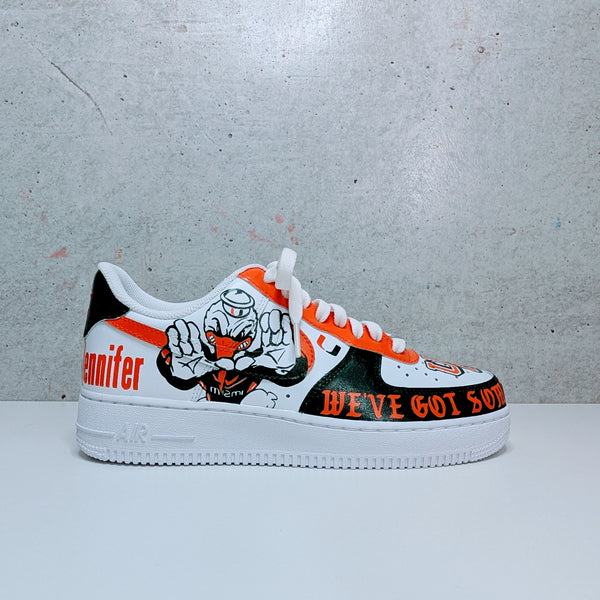 Custom Painted Air Force 1 Miami Hurricanes Sneakers | Hand-Painted Sebastian & "The U"