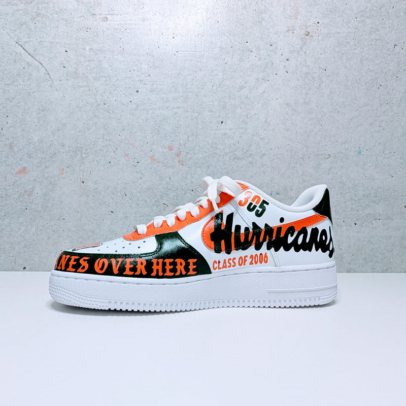 Custom Painted Air Force 1 Miami Hurricanes Sneakers | Hand-Painted Sebastian & "The U"