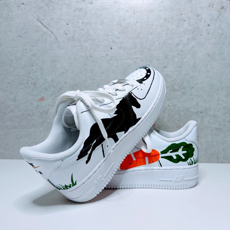 Custom Painted Air Force 1 Horse and Carrot Design Sneakers | Hand-Painted Equestrian AF1