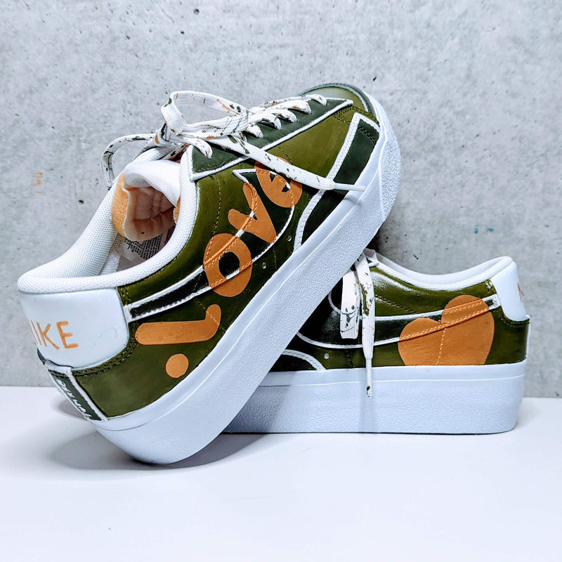 Custom Painted Nike Blazer Army Green Gold Love Design | Hand-Painted Sneakers