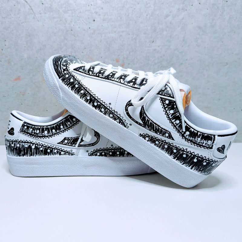 Custom Painted Nike Blazer Black and White Oxford Design | Hand-Painted Sneakers