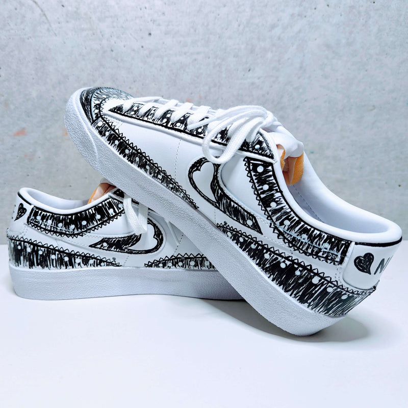 Custom Painted Nike Blazer Black and White Oxford Design | Hand-Painted Sneakers
