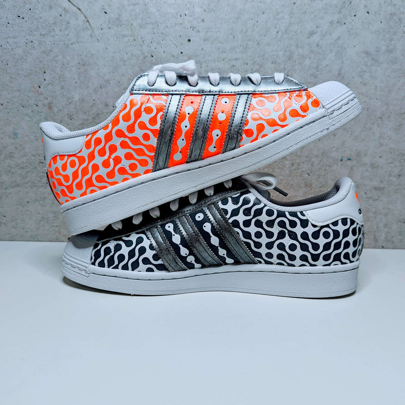 Custom Painted Adidas Superstar Infinite Swirl Pattern Orange Grey Metallic | Hand-Painted Sneakers