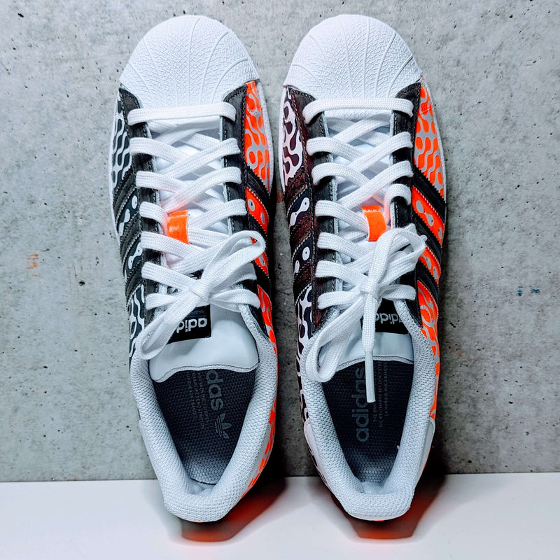 Custom Painted Adidas Superstar Infinite Swirl Pattern Orange Grey Metallic | Hand-Painted Sneakers