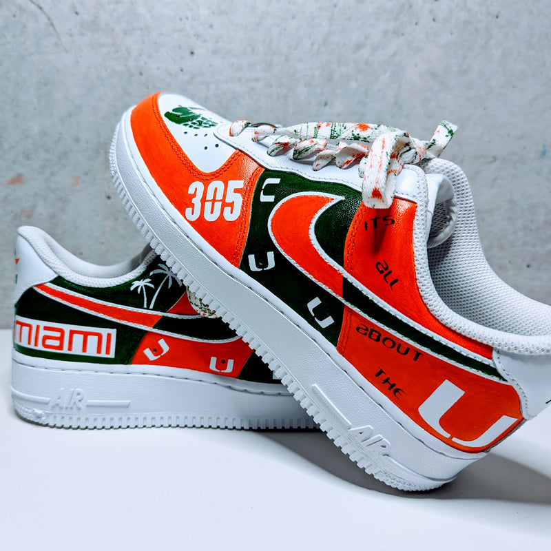 Custom Painted Air Force 1 University of Miami Sneakers | Hand-Painted Hurricanes AF1