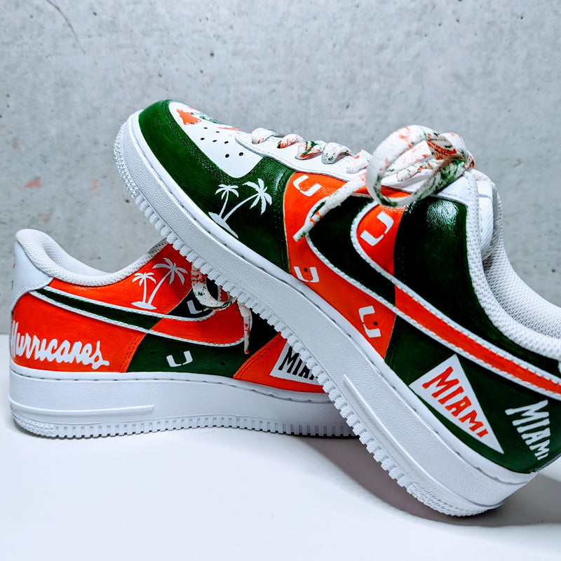 Custom Painted Air Force 1 University of Miami Sneakers | Hand-Painted Hurricanes AF1