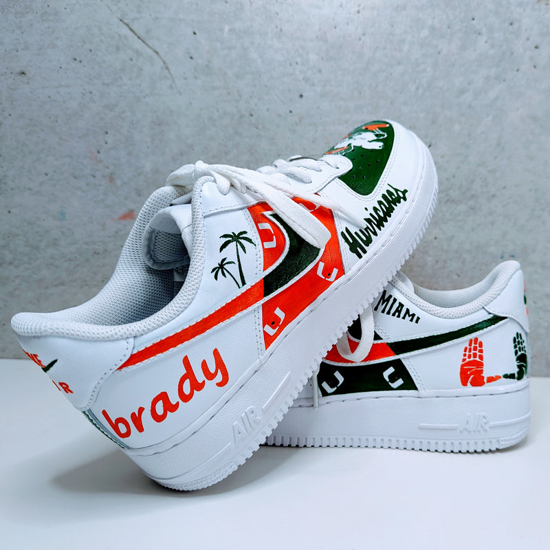 Custom Painted Air Force 1 University of Miami White Sneakers | Hand-Painted Hurricanes AF1