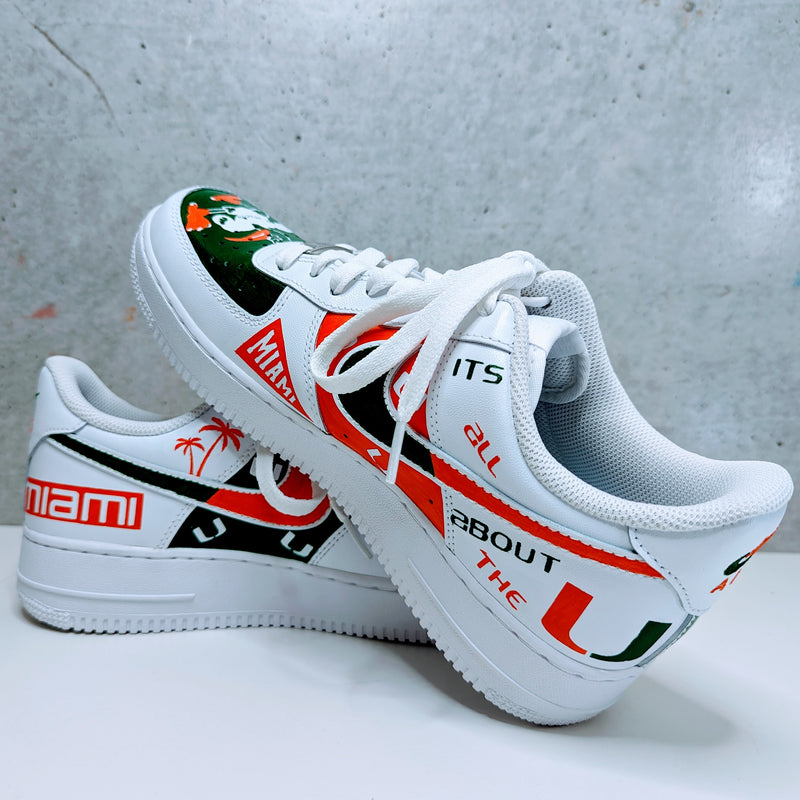 Custom Painted Air Force 1 University of Miami White Sneakers | Hand-Painted Hurricanes AF1