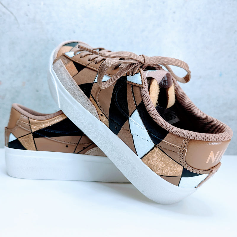 Custom Painted Nike Blazer Black Brown Gold Triangle Design | Hand-Painted Geometric Sneakers