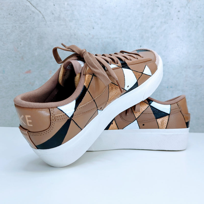 Custom Painted Nike Blazer Black Brown Gold Triangle Design | Hand-Painted Geometric Sneakers